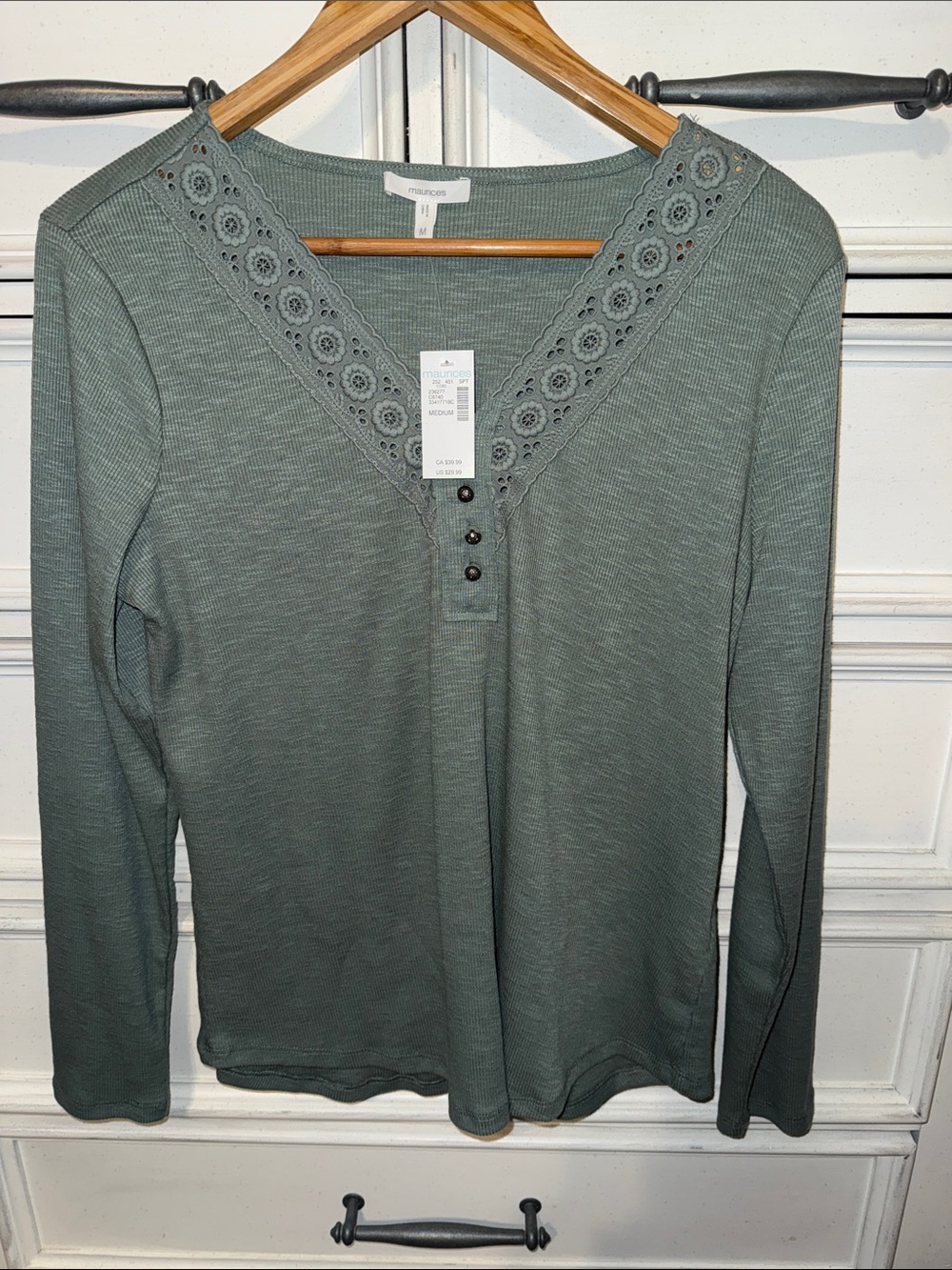 NWT Maurices Sage Green Lace-Trim Long Sleeve Henley